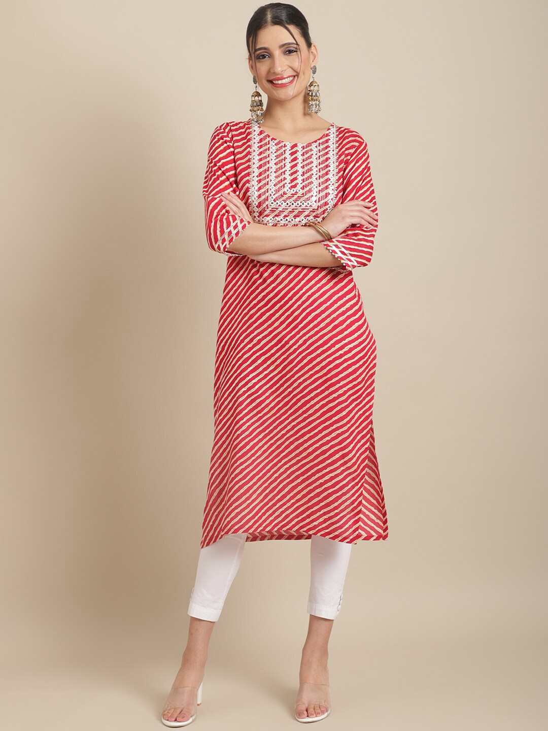 

Sangria Geometric Striped Mirror Work Straight Regular Kurta, Red