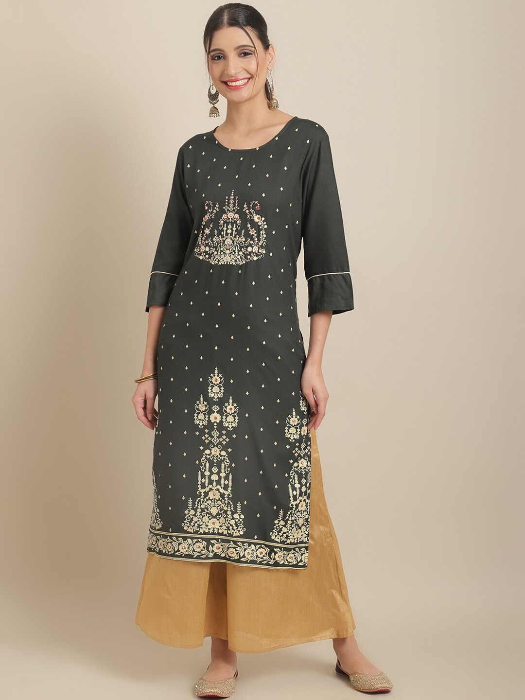 

Sangria Floral Embroidered Thread Work Straight Regular Kurta, Green