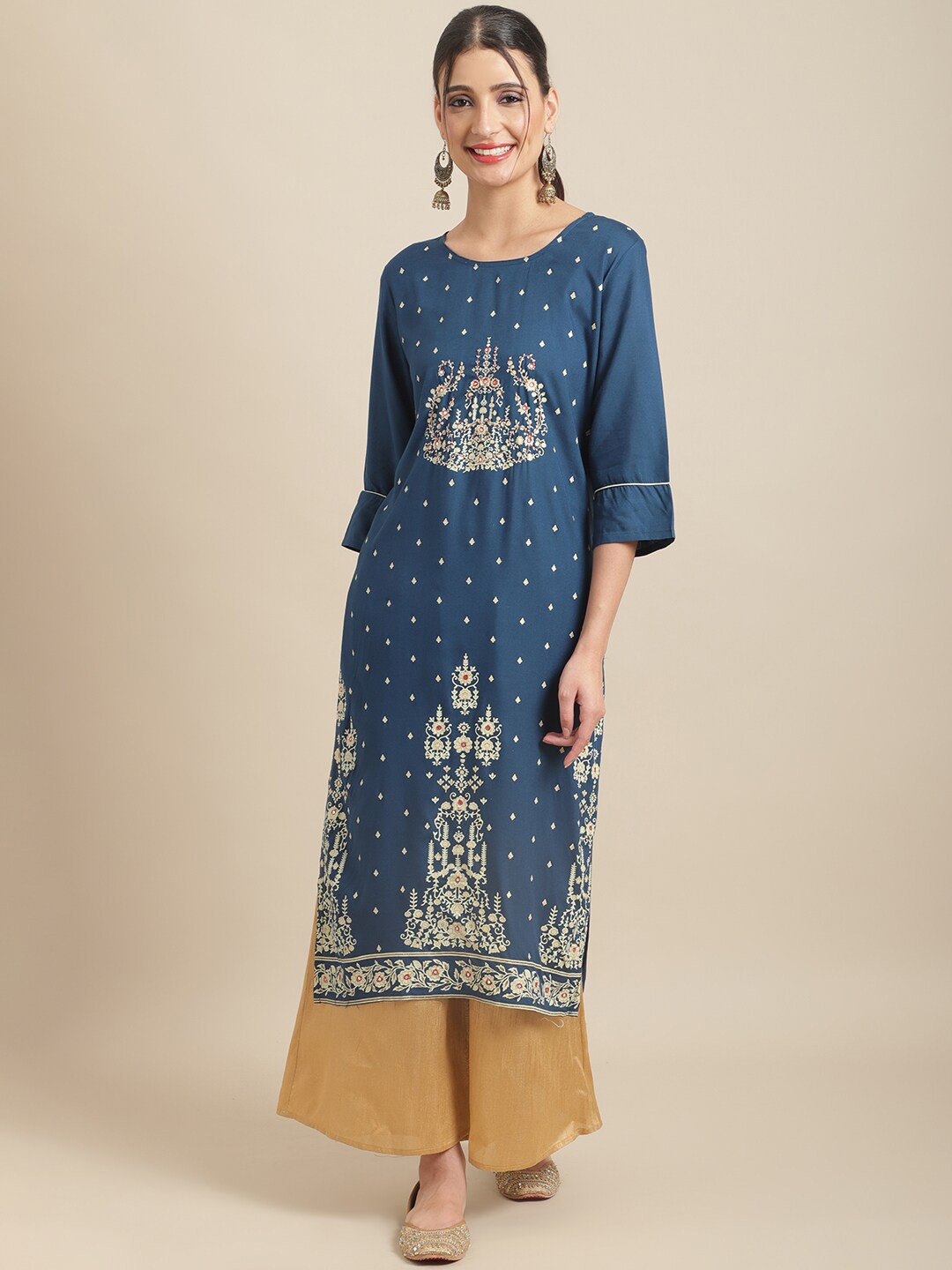 

Sangria Floral Printed Bell Sleeves Sequins Straight Regular Kurta, Blue