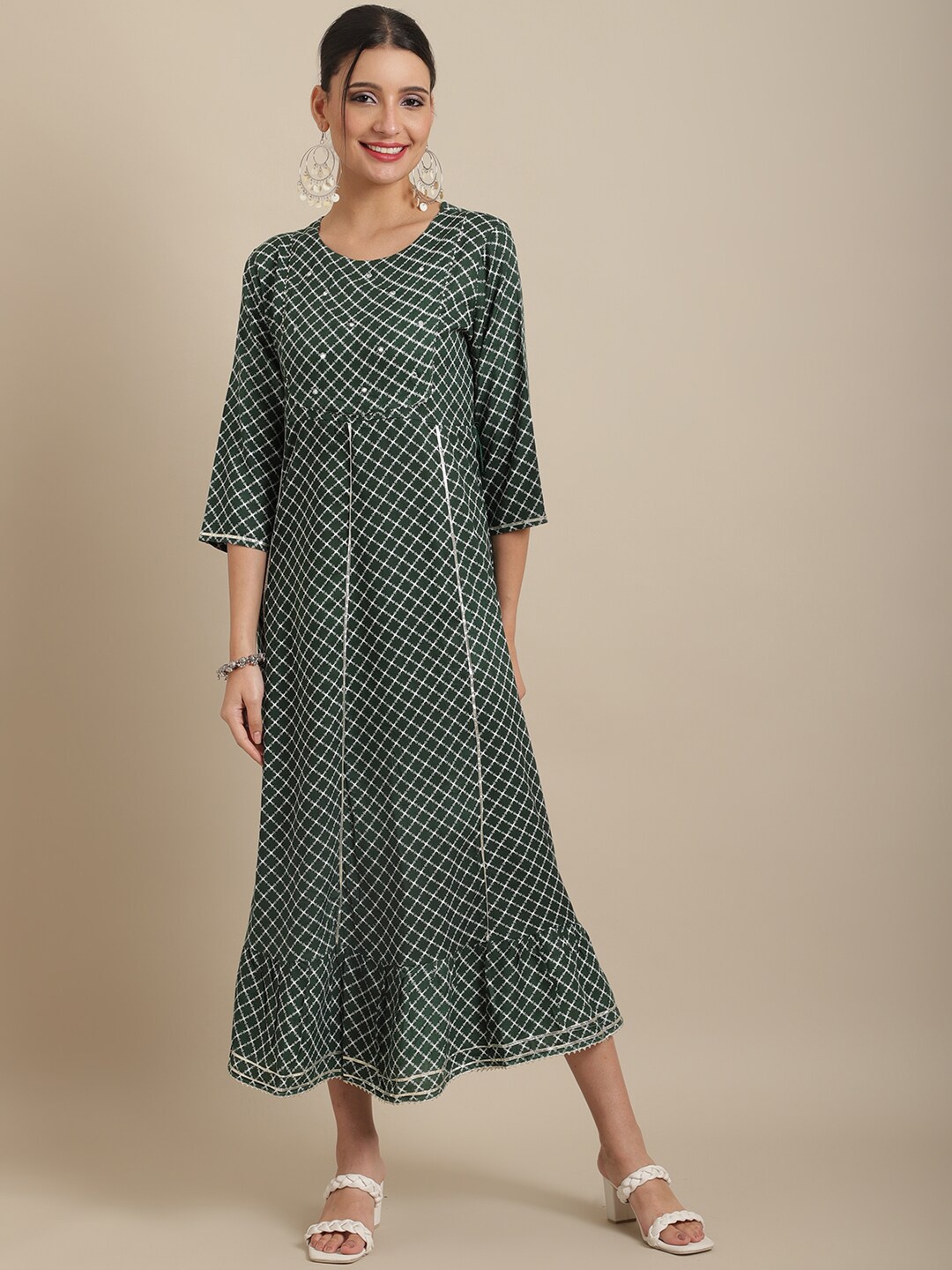 

Sangria Geometric Printed Thread Work Anarkali Empire Kurta, Green