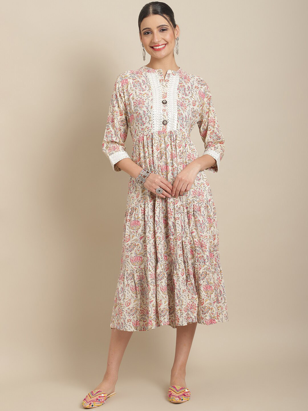 

Sangria Floral Printed Mandarin Collar Fit & Flare Ethnic Dress, Off white