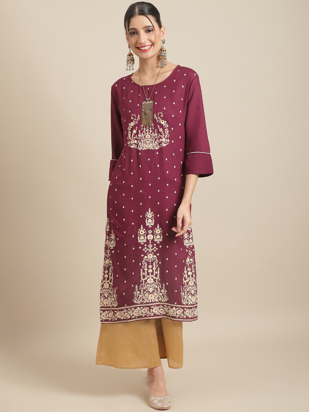 

Sangria Floral Embroidered Sequins Straight Regular Kurta, Burgundy