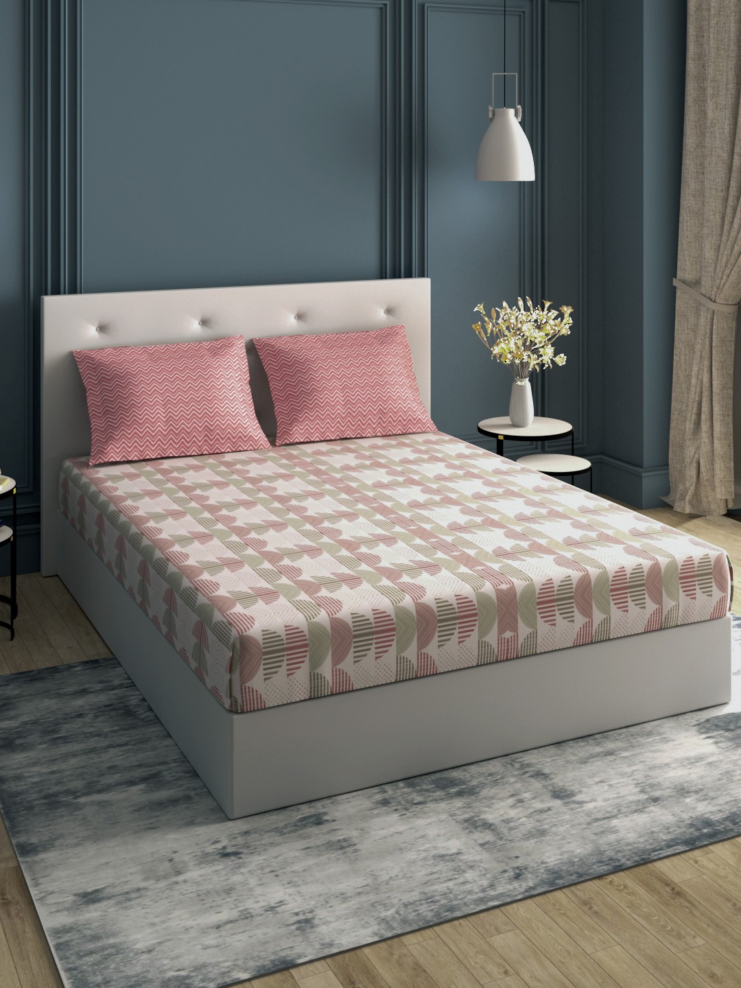 

Trident Moments Pink & Grey Geometric 120 TC Cotton Queen Bedsheet with 2 Pillow Covers
