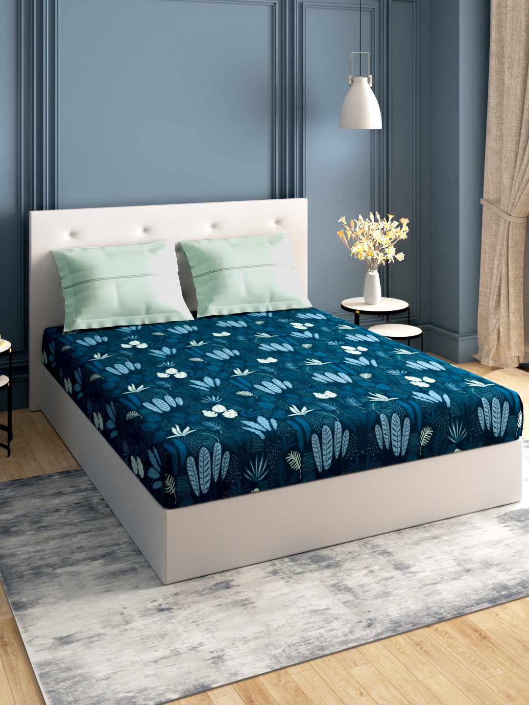 

MYTRIDENT Moments Blue Floral 120 TC Cotton Queen Bedsheet with 2 Pillow Covers