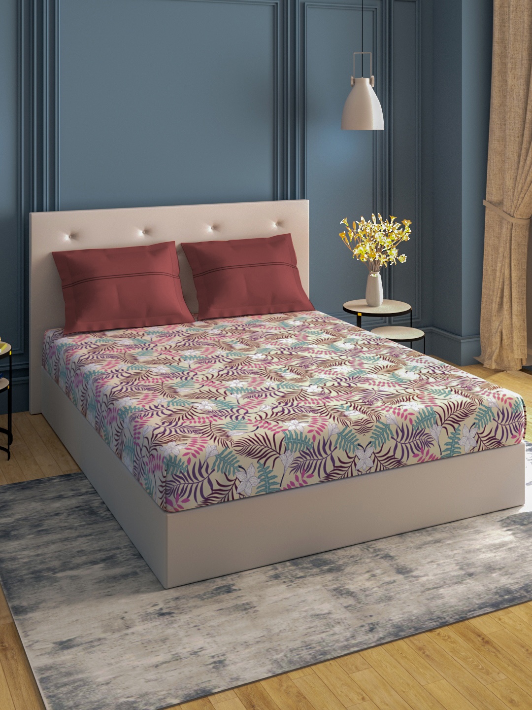 

MYTRIDENT Moments Purple Maroon Floral 120 TC Cotton Queen Bedsheet with 2 Pillow Covers