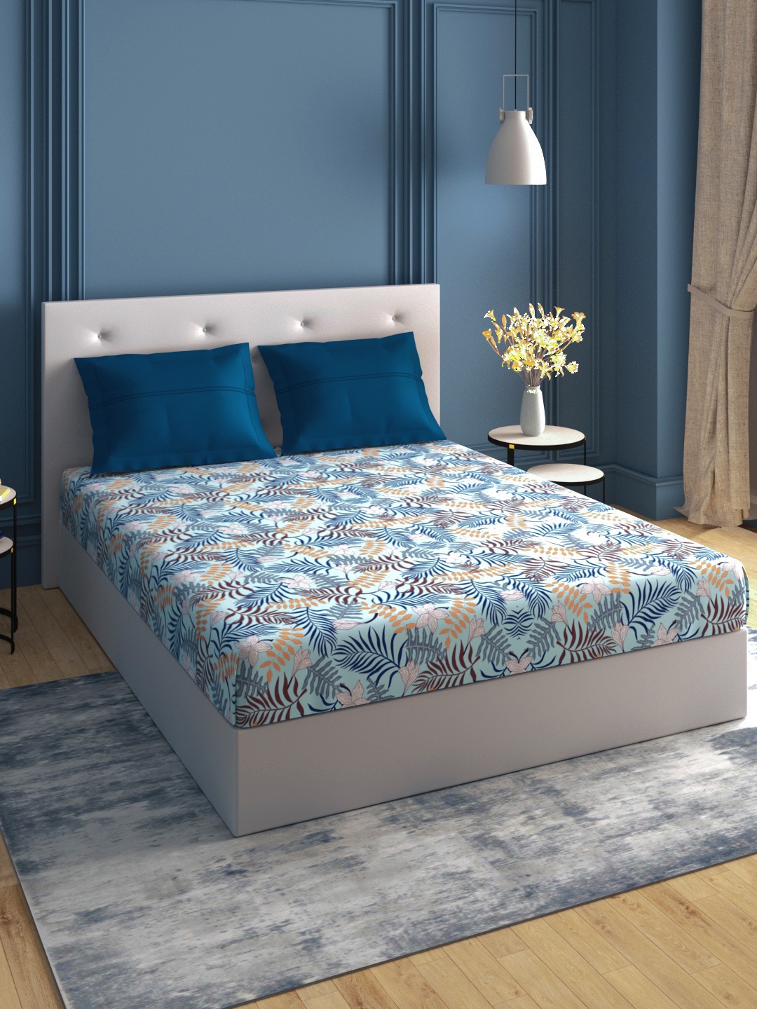 

MYTRIDENT Moments Purple Blue Floral 120 TC Cotton Queen Bedsheet with 2 Pillow Covers