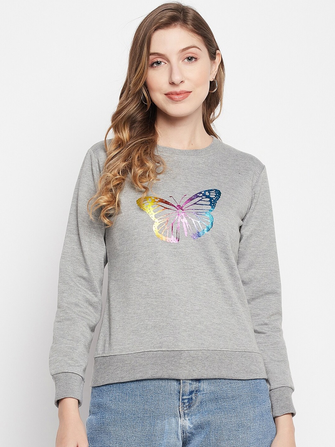 

STROP Women Grey Printed Cotton Sweatshirt