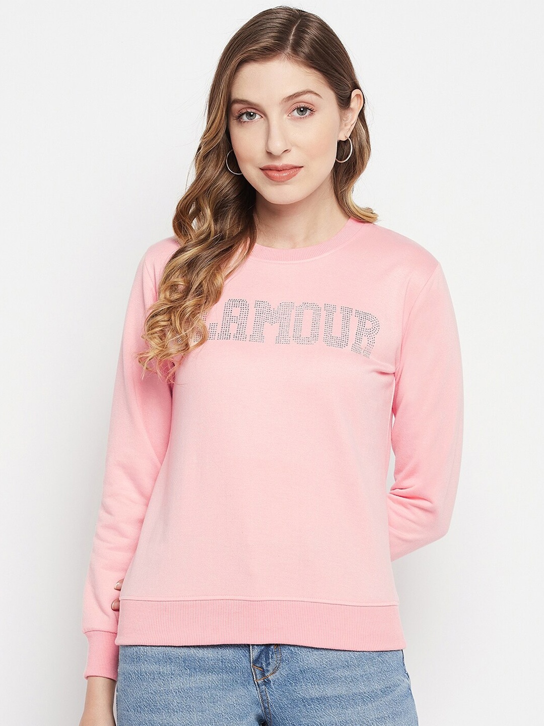 

STROP Women Printed Cotton Sweatshirt, Pink