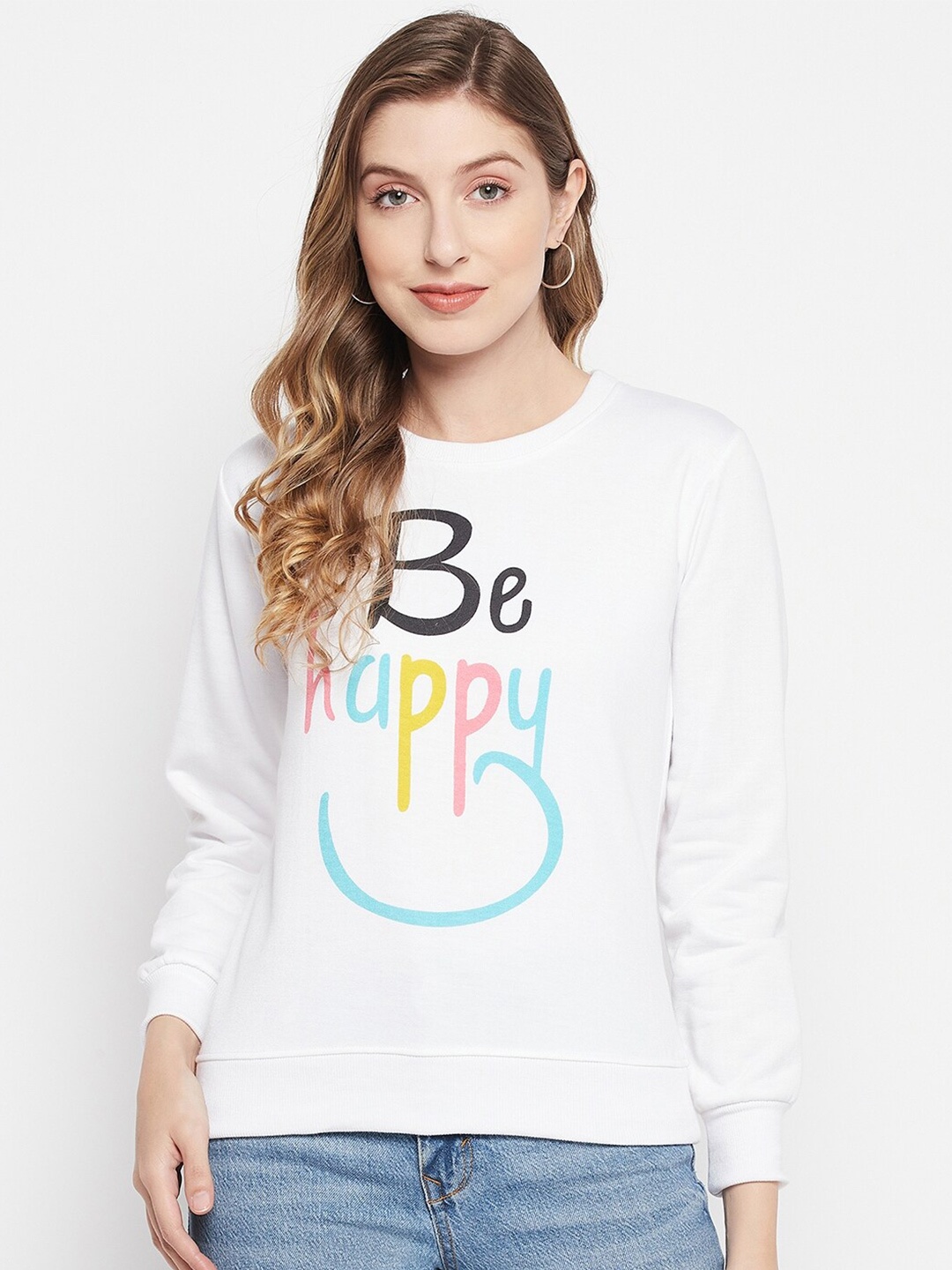 

STROP Women White Cotton Printed Sweatshirt