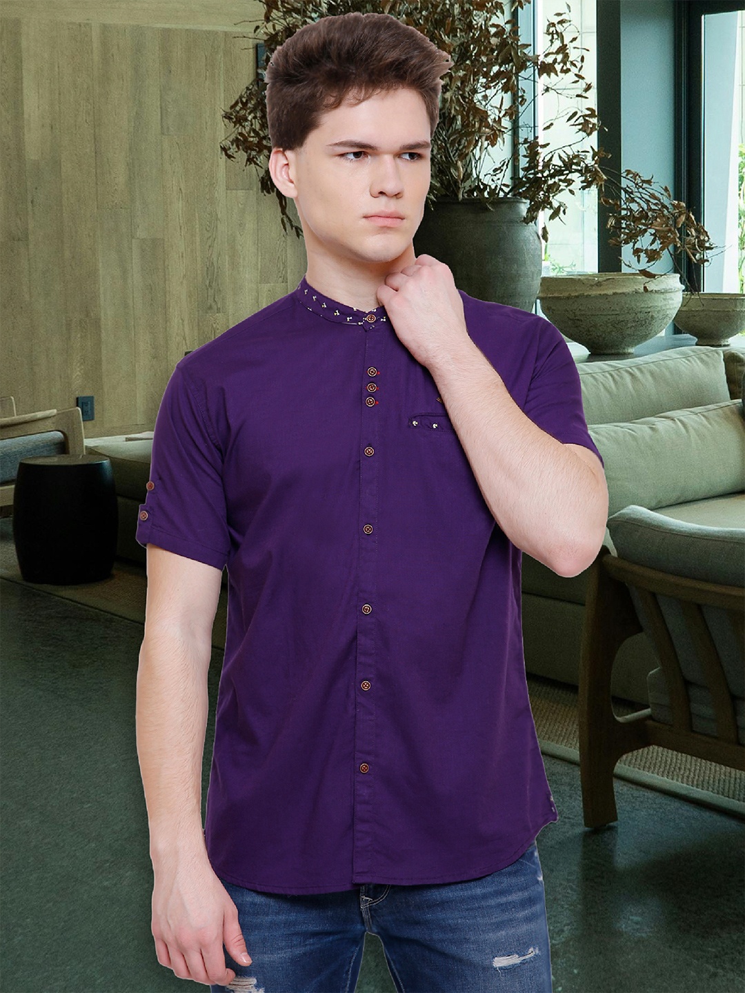 

Kuons Avenue Men Smart Slim Fit Linen Cotton Casual Shirt, Purple