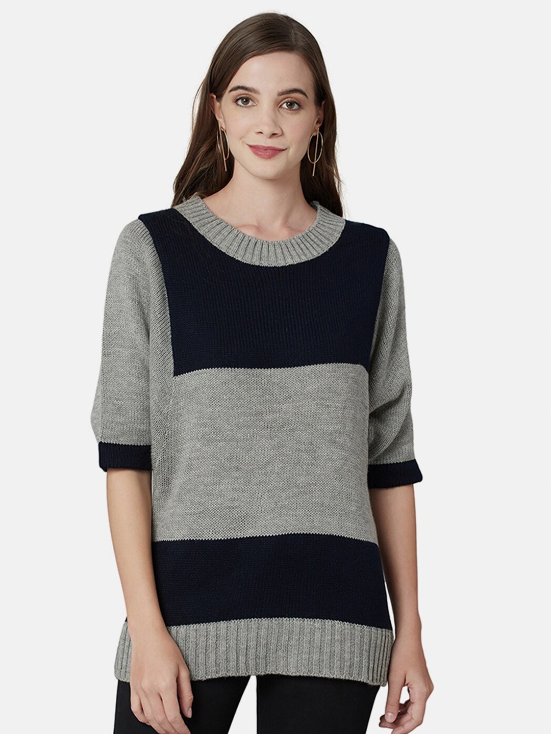 

CHKOKKO Round Neck Colourblocked Woolen Pullover, Navy blue