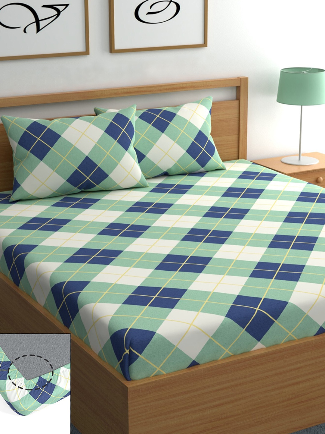 

CHHAVI INDIA Geometric Printed 210 TC Queen Bedsheet with 2 Pillow Covers, Green