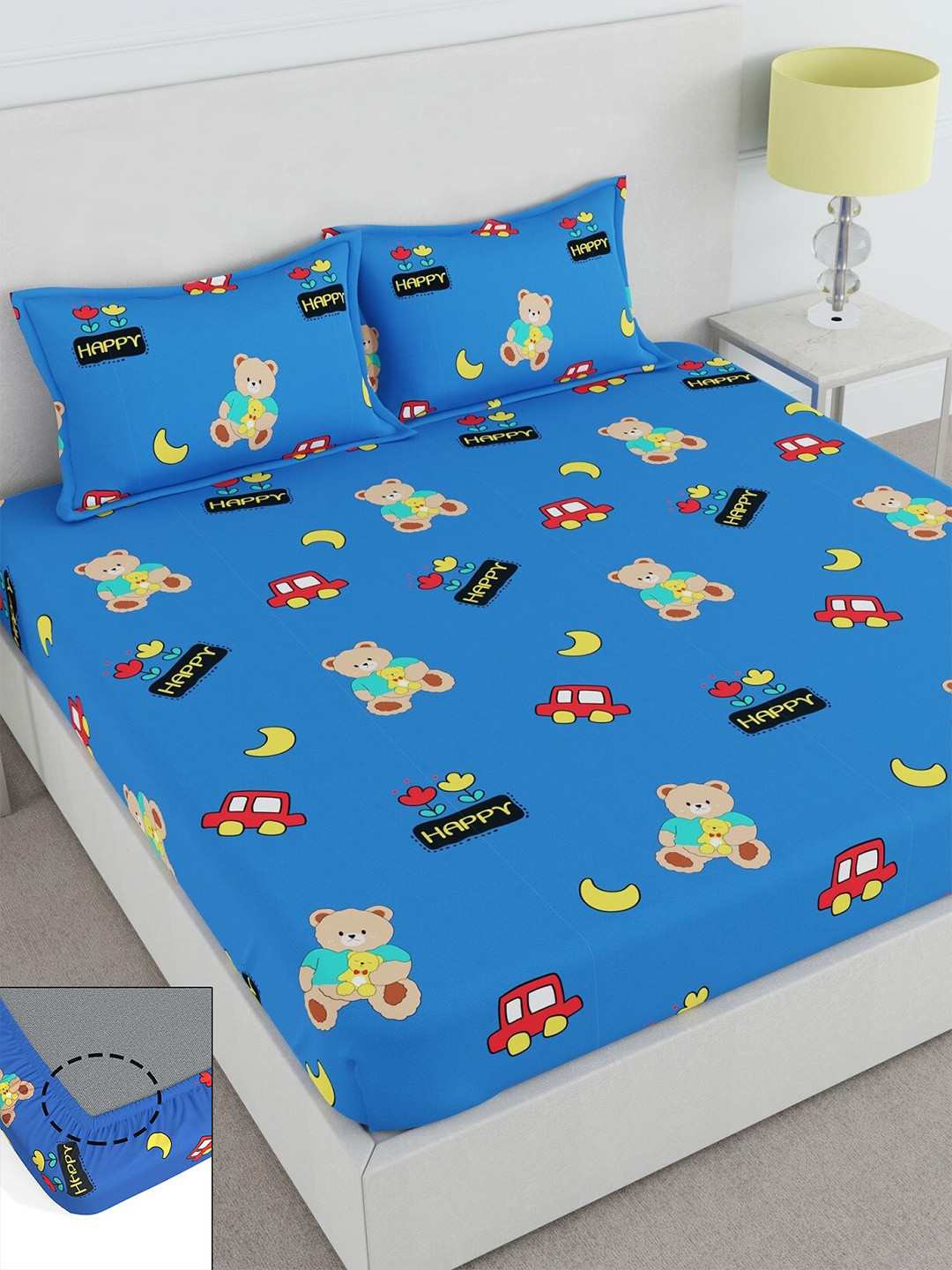 

CHHAVI INDIA Graphic Printed 210 TC Fitted Queen Bedsheet with 2 Pillow Covers, Turquoise blue