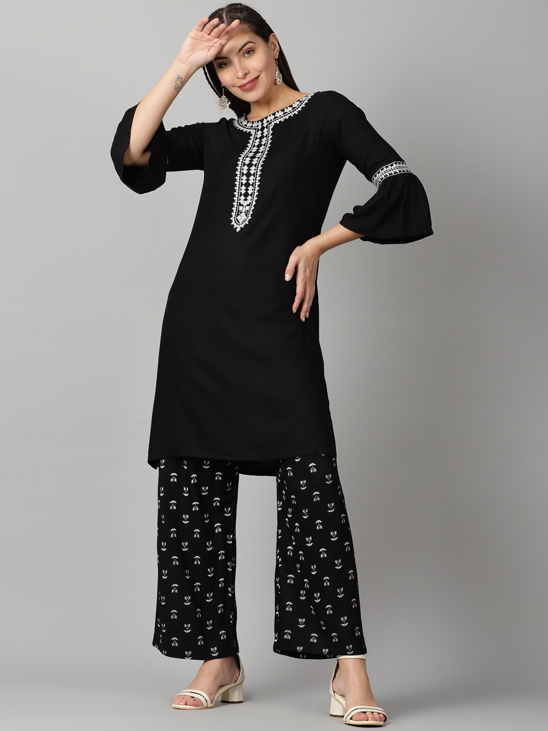 

Saffron Threads Women Embroidered Flared Sleeves Kurta, Black