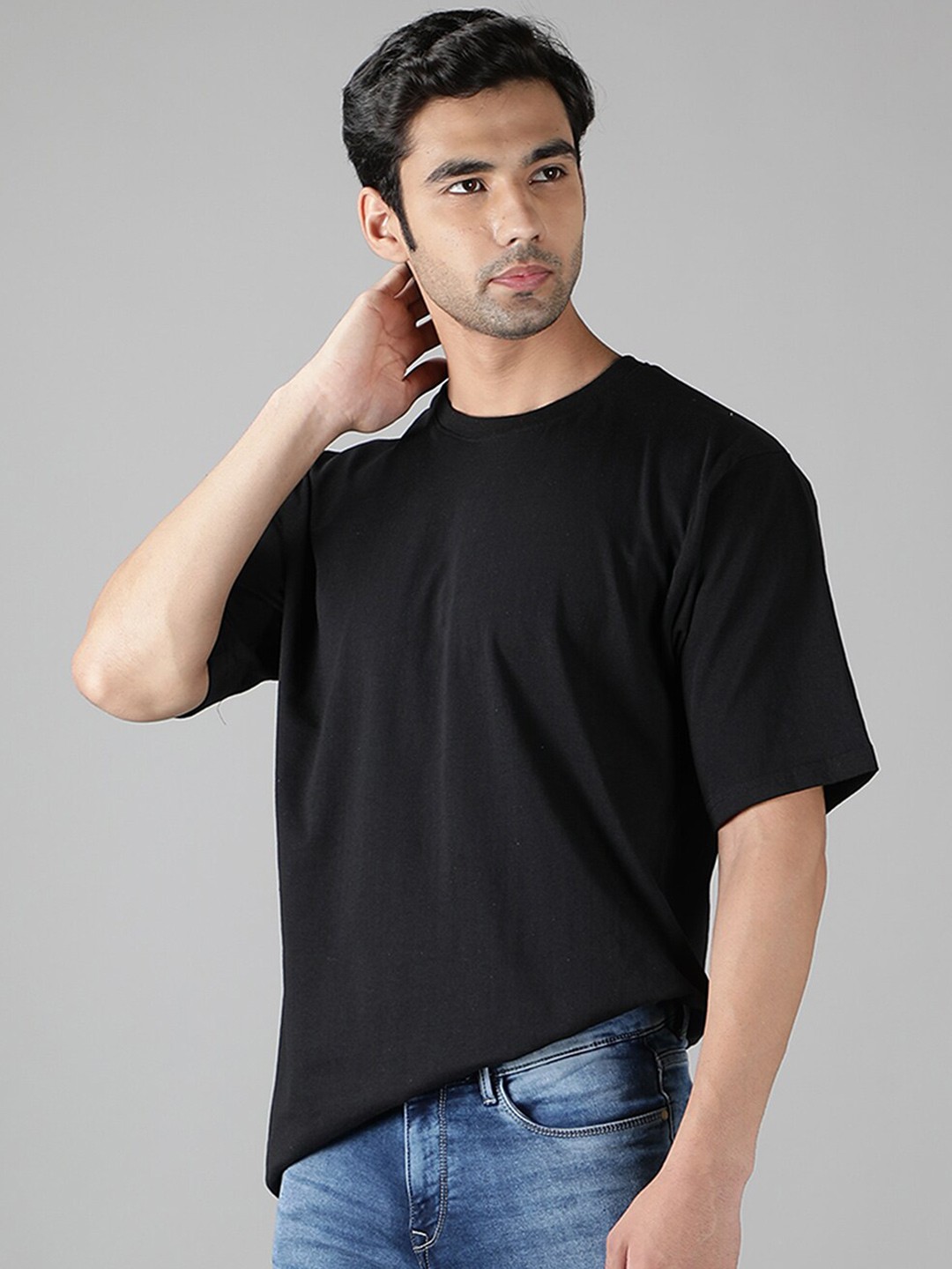 

Mad Over Print Drop-Shoulder Sleeves Loose Cotton T-shirt, Black