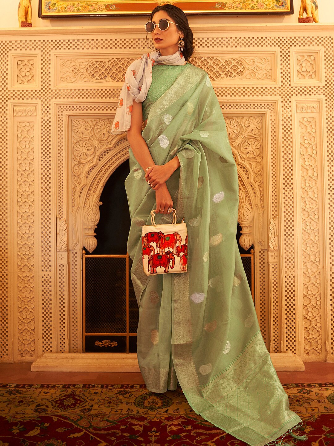 

Saree mall Woven Design Zari Silk Blend Bagru Sarees, Green