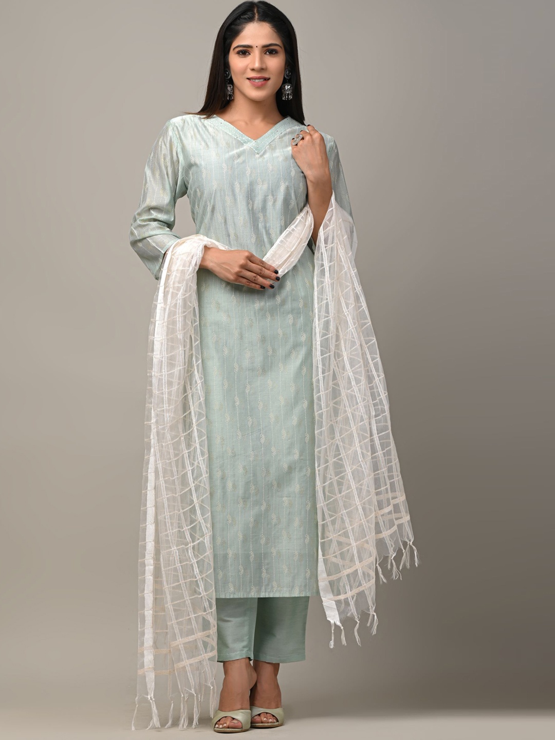 

DHRTI Printed Chanderi Silk Kurta with Trousers & With Dupatta, Blue