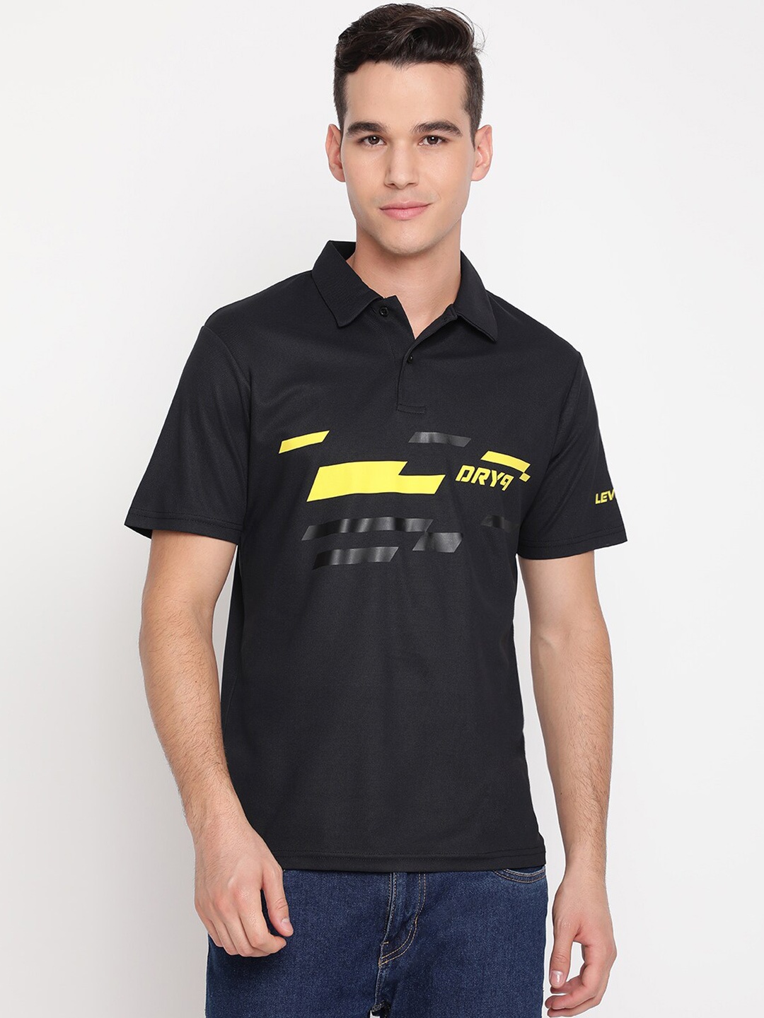 

DRYP EVOLUT Men Black & Yellow Typography Printed Polo Collar T-shirt