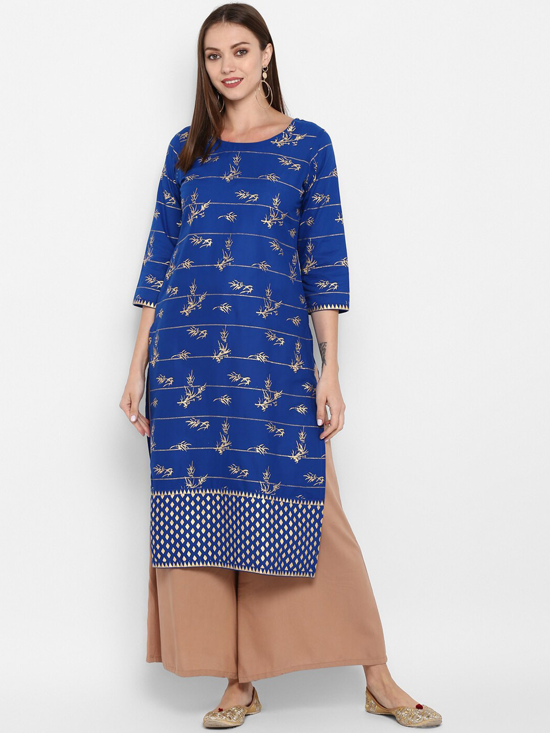 

ZOEYAMS Women Floral Printed Block Print Cotton Kurta, Blue