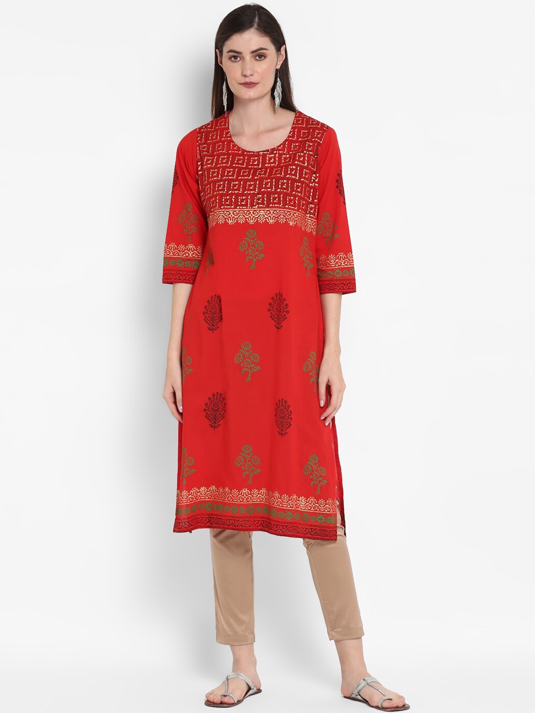 

ZOEYAMS Women Ethnic Motifs Printed Block Print Cotton Kurta, Red
