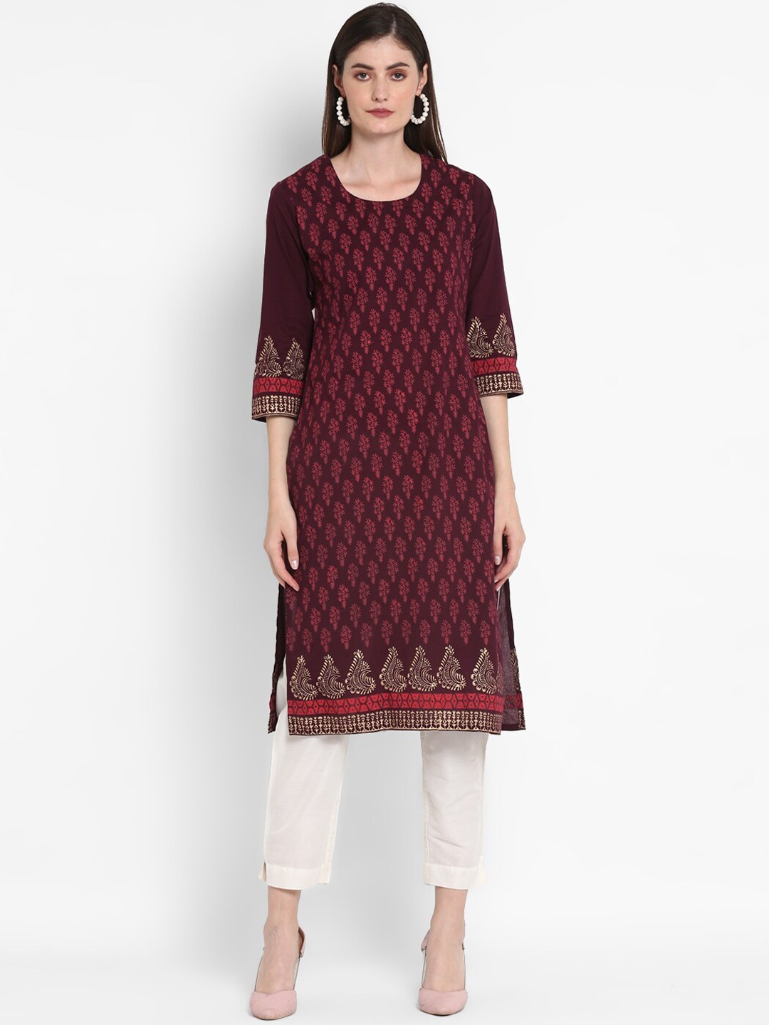 

ZOEYAMS Women Ethnic Motifs Printed Cotton Kurta, Burgundy