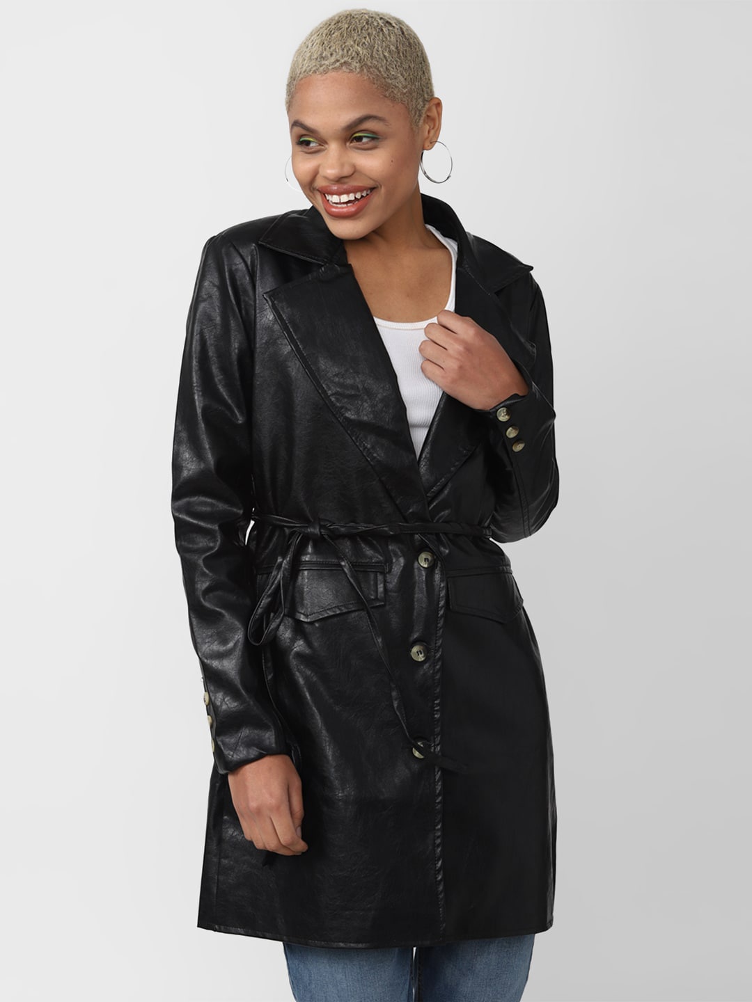 

FOREVER 21 Women Longline Leather Jacket, Black