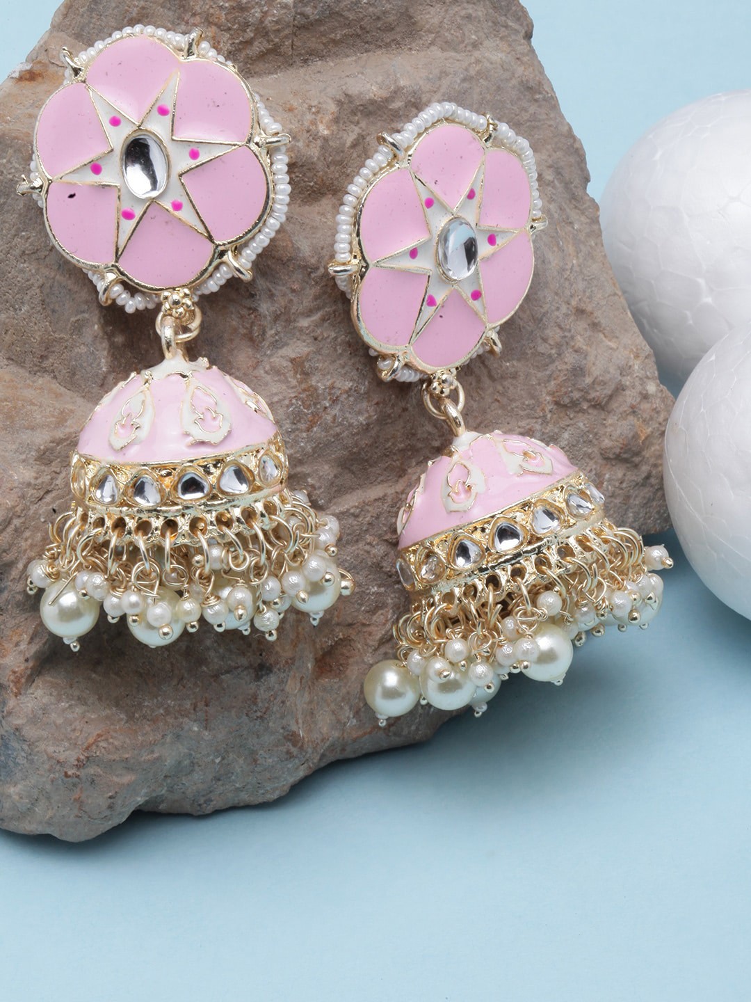 

DIVA WALK Gold-Plated Dome Shaped Stone Studded Enamelled Jhumkas, Pink