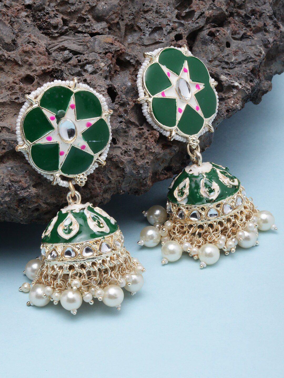 

DIVA WALK Gold-Plated Dome Shaped Stone Studded Enamelled Jhumkas, Green