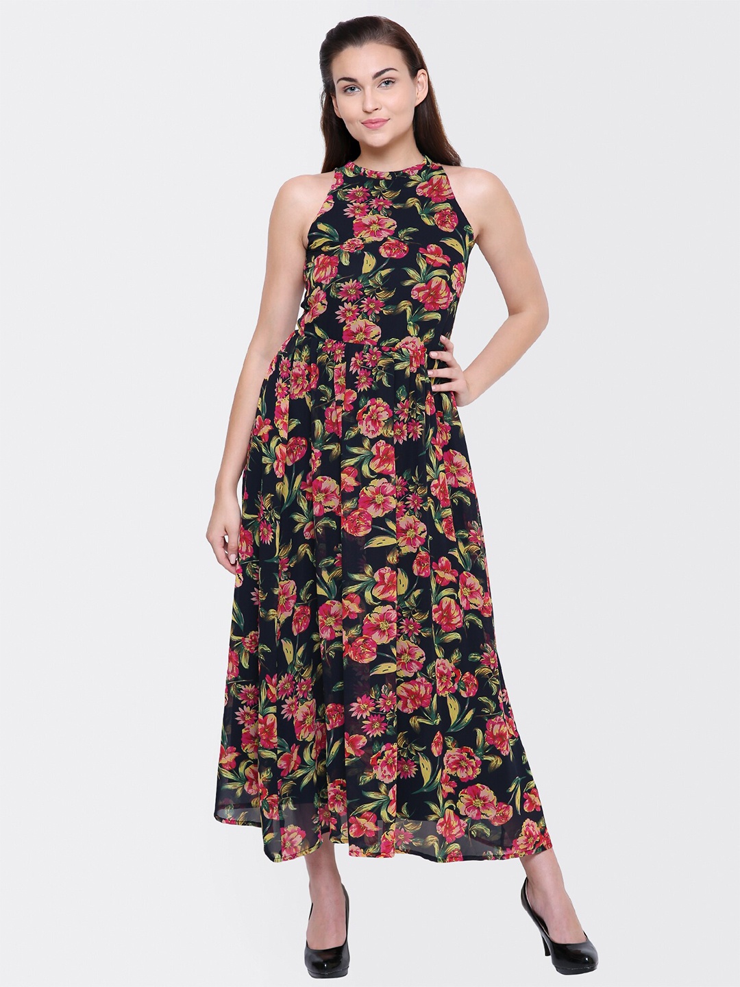 

Yaadleen Floral Printed Halter Neck Maxi Fit & Flare Dress, Black