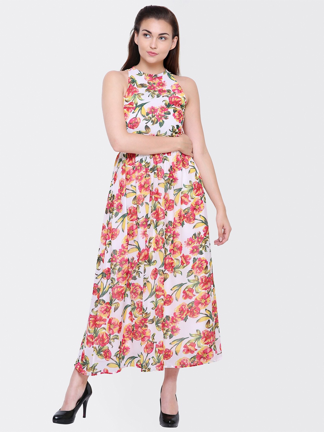 

Yaadleen Floral Printed Halter Neck Maxi Fit & Flare Dress, White