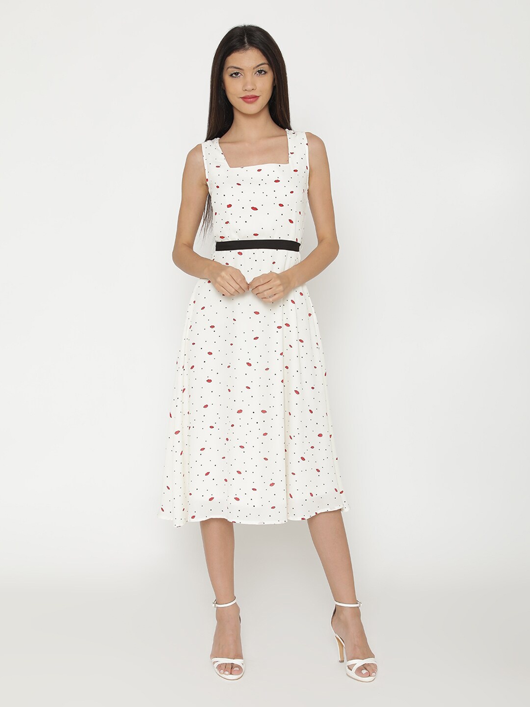 

Yaadleen Conversational Printed Midi Fit & Flare Dress, Off white