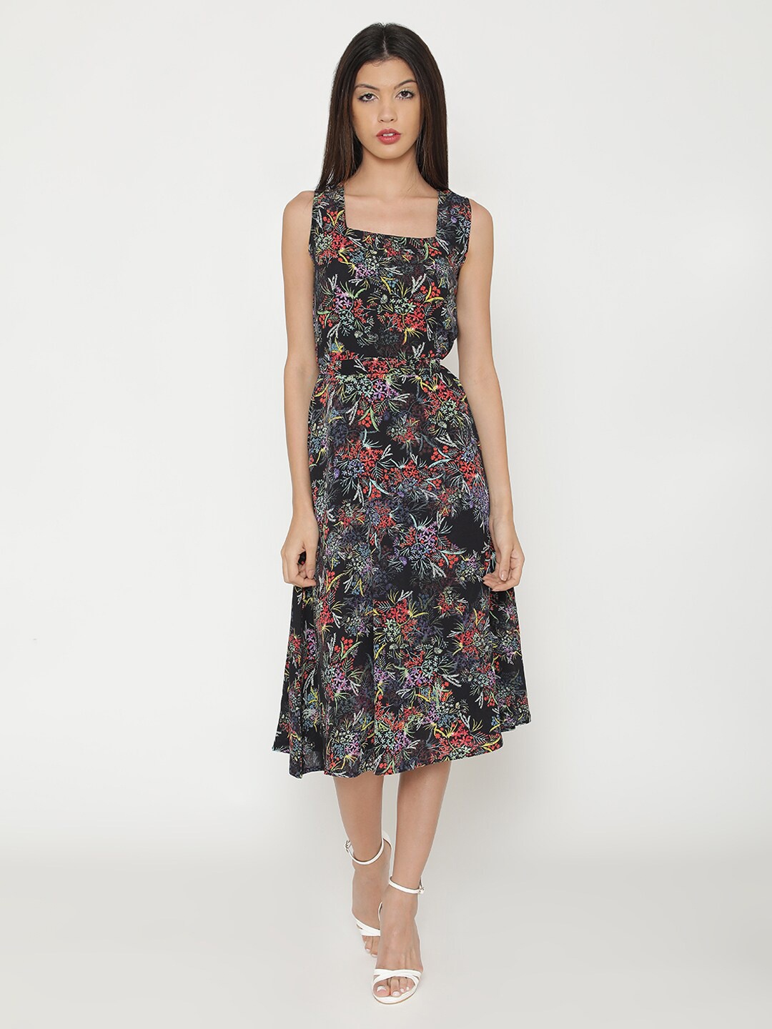 

Yaadleen Tropical Printed Belted Midi Fit & Flare Dress, Black