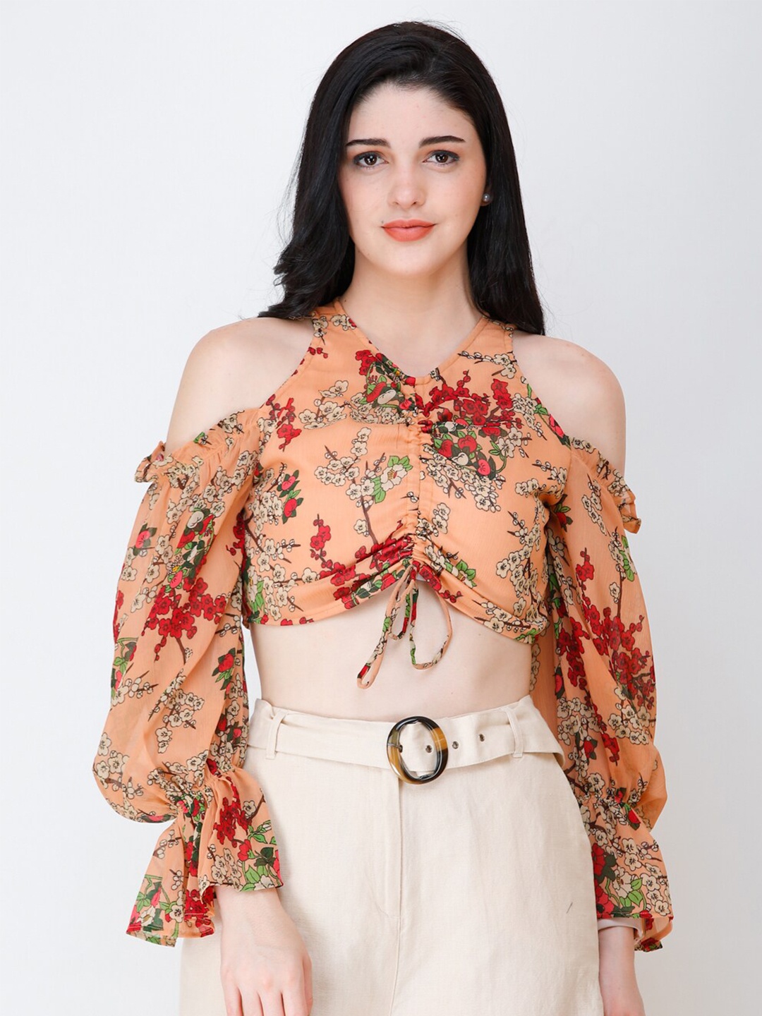

Cation Floral Printed Chiffon Crop Top, Peach
