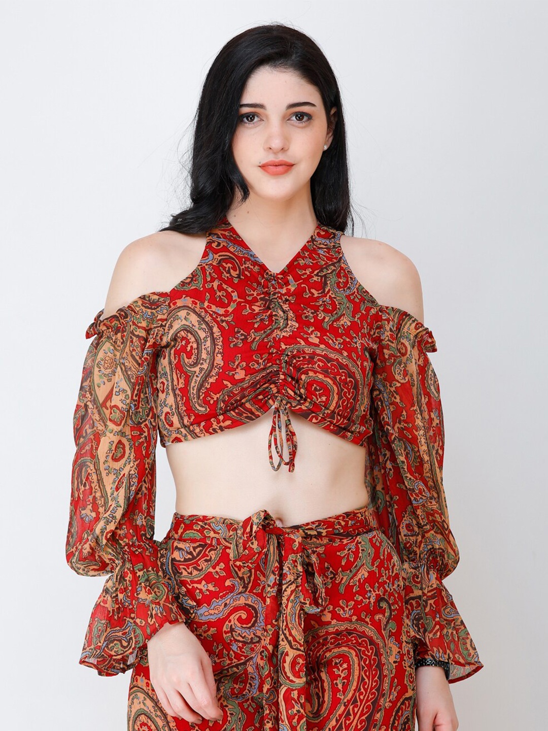 

Cation Ethnic Motif Printed Chiffon Ruched Crop Top, Maroon