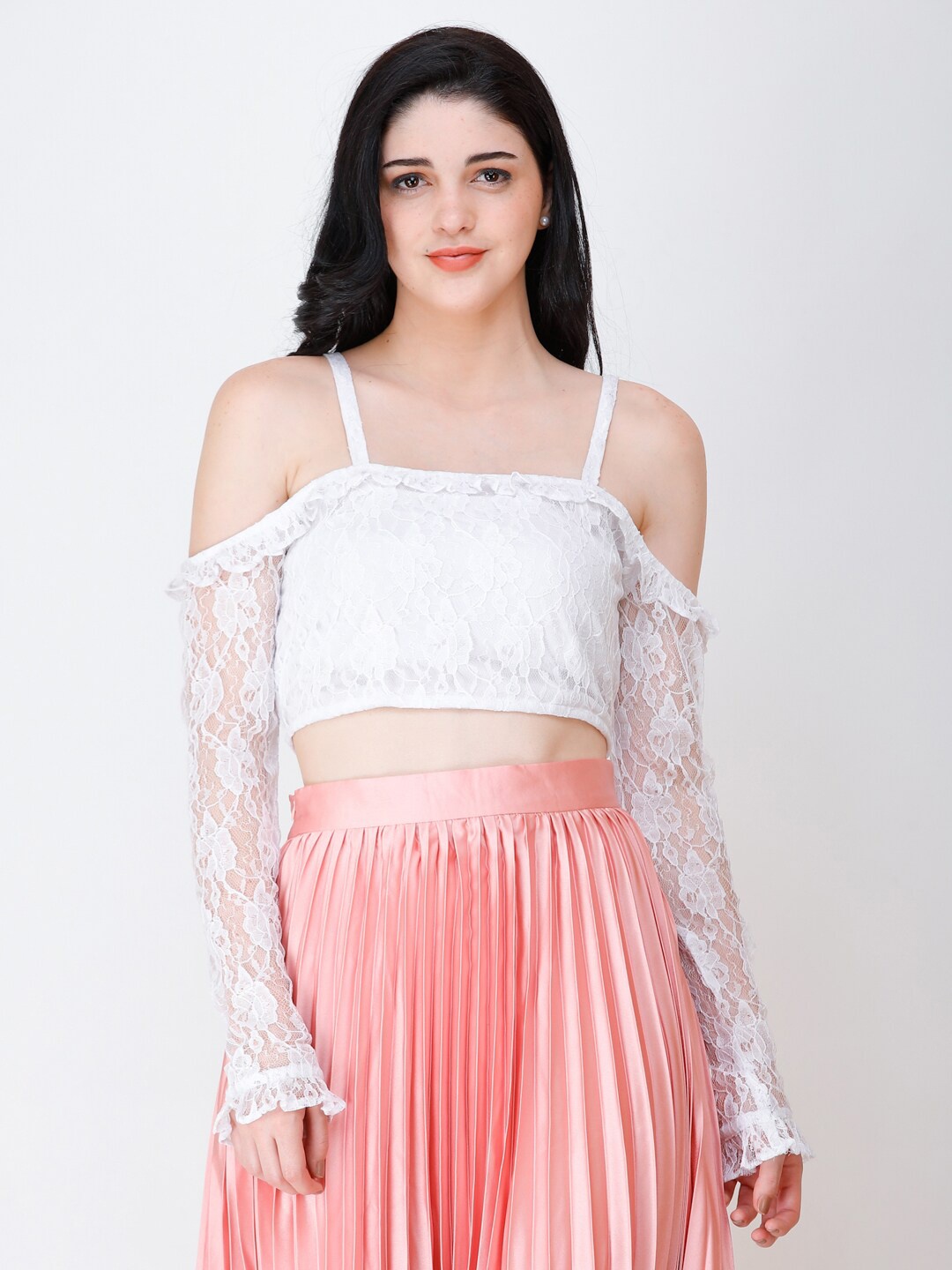 

Cation Floral Off-Shoulder Net Bardot Crop Top, White