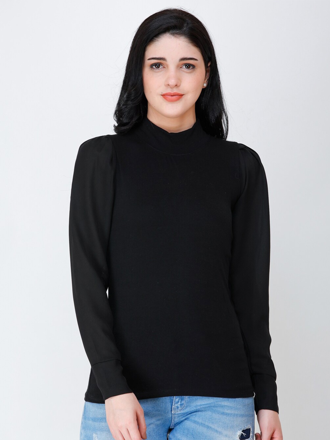 

Cation Puff Sleeves High Neck Top, Black