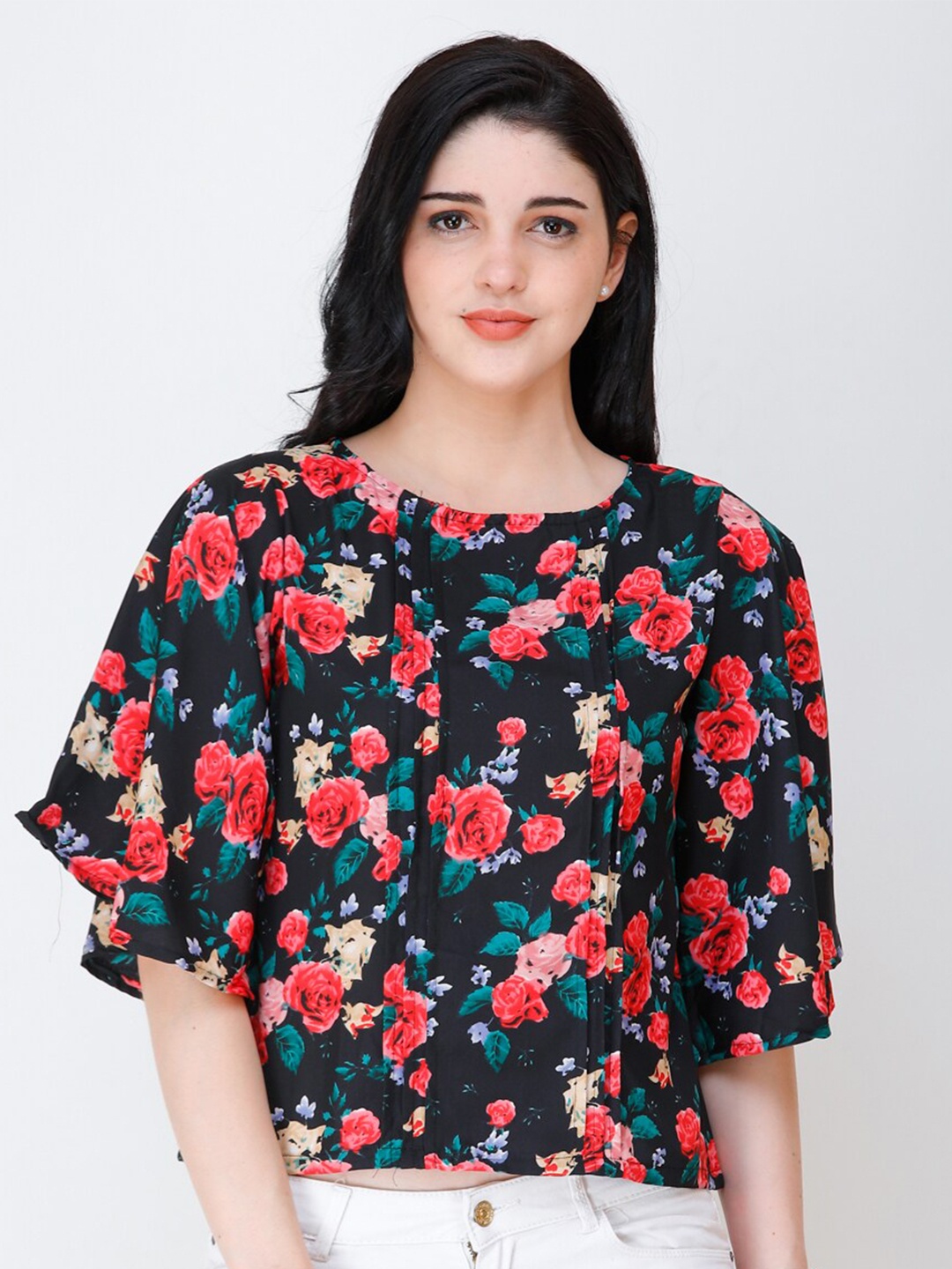 

Cation Floral Print Crepe Blouson Top, Black