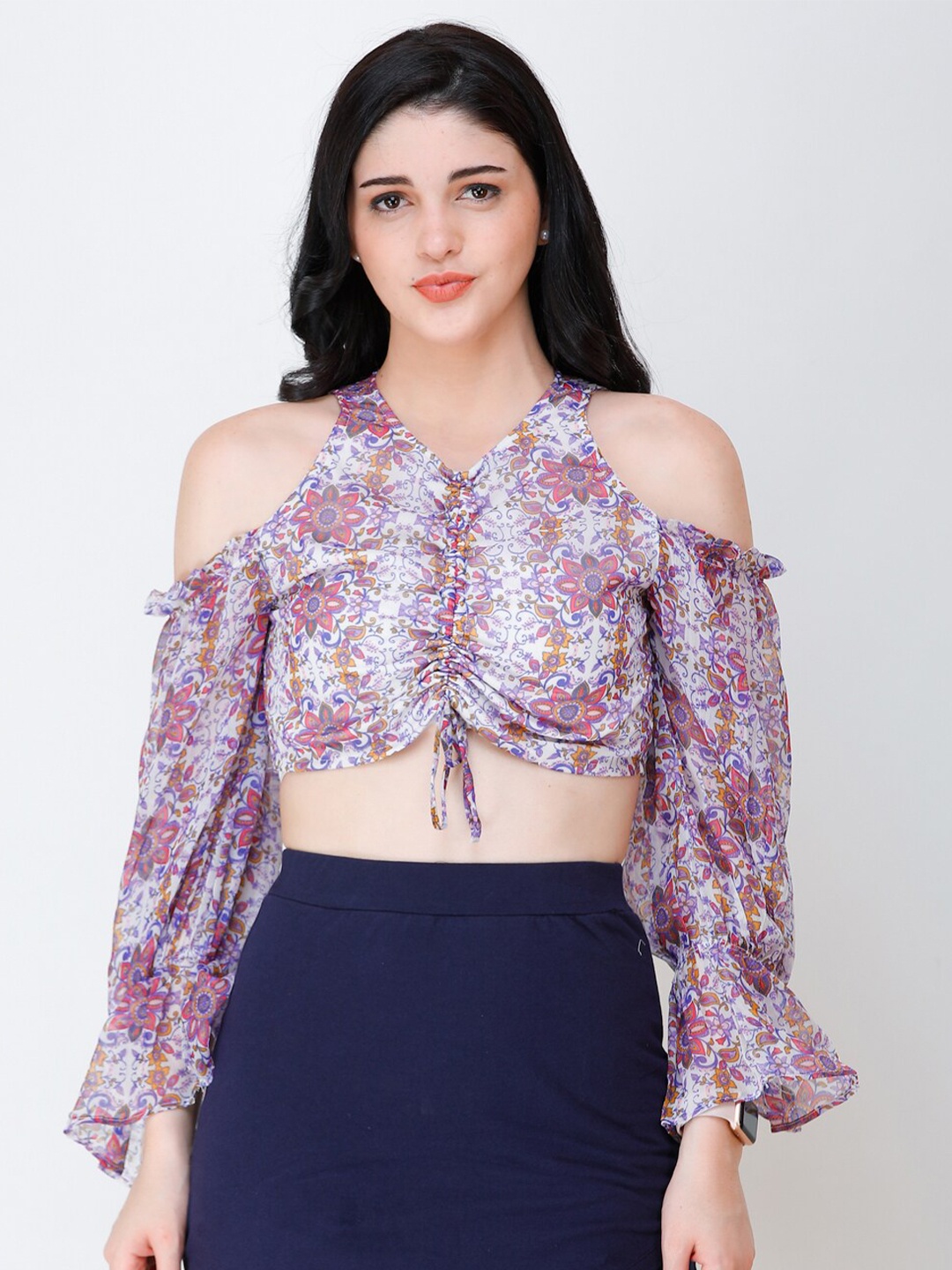 

Cation Floral Print Chiffon Ruched Crop Top, Off white