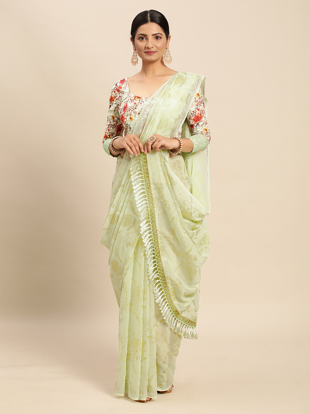 

Mitera Lime Green Floral Pure Chiffon Saree