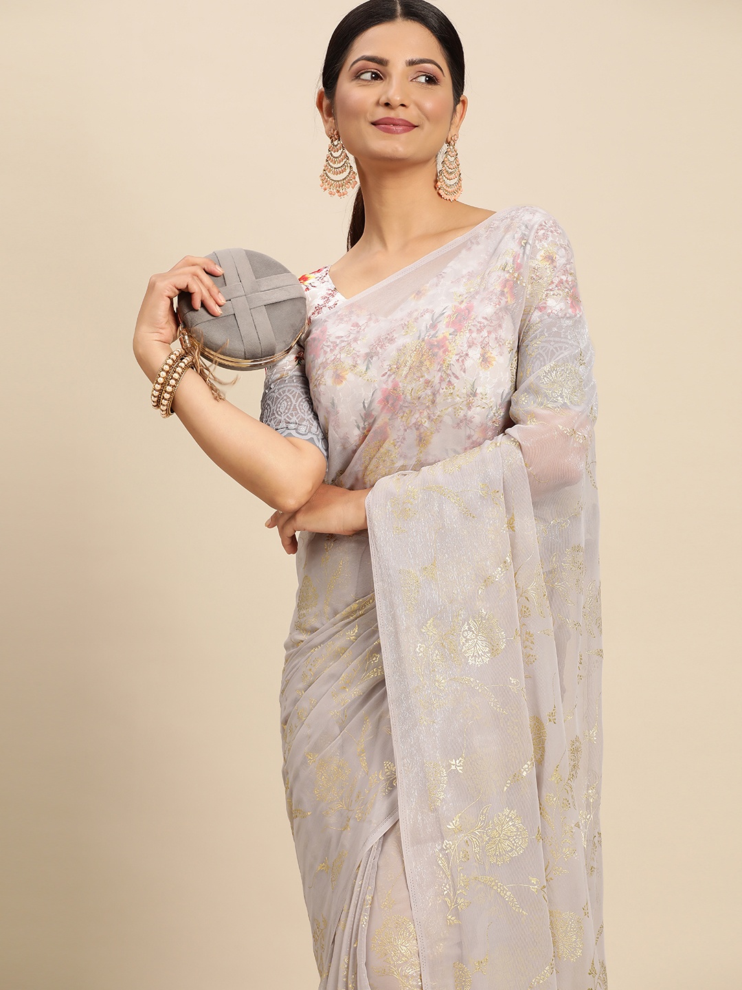 

Mitera Grey Floral Pure Chiffon Saree