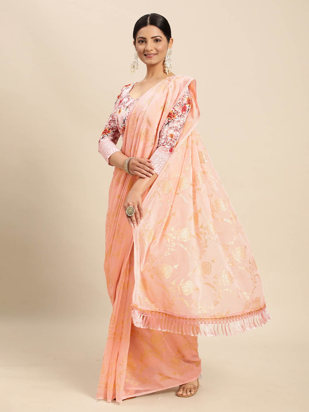 

Mitera Pink Floral Pure Chiffon Saree