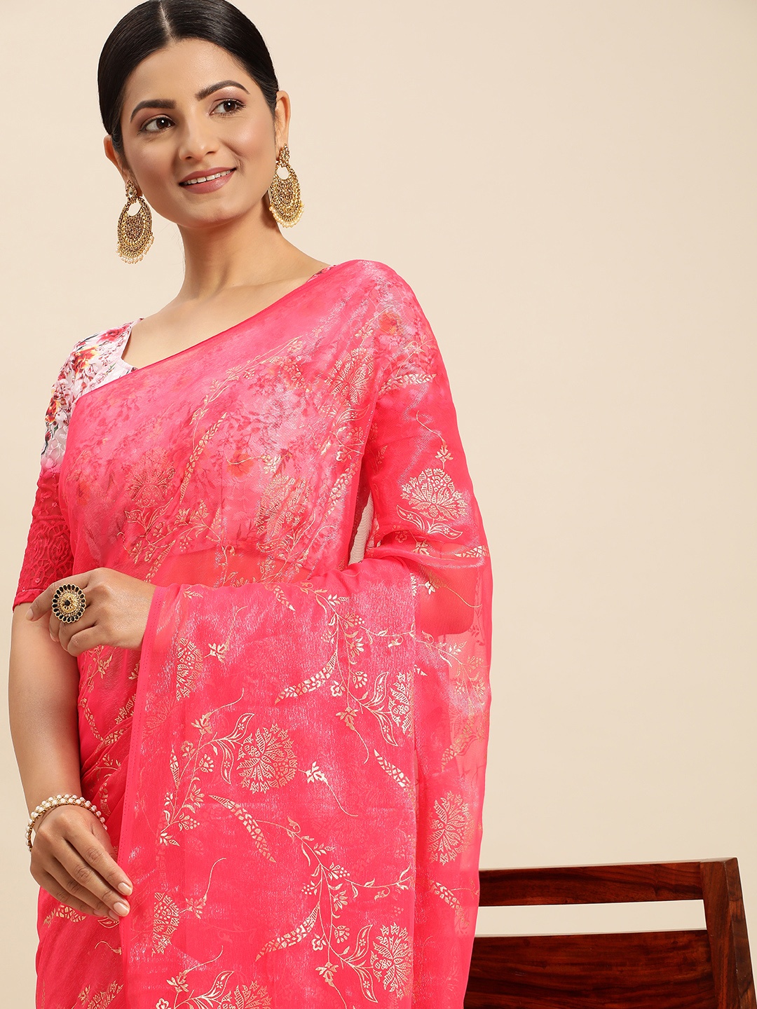 

Mitera Pink Floral Pure Chiffon Saree