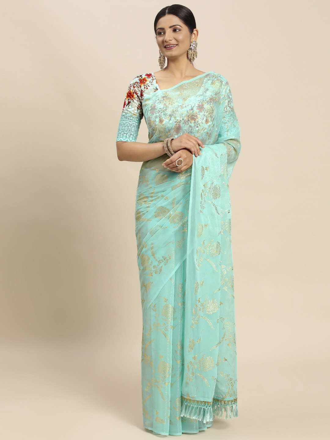 

Mitera Turquoise Blue Floral Pure Chiffon Saree