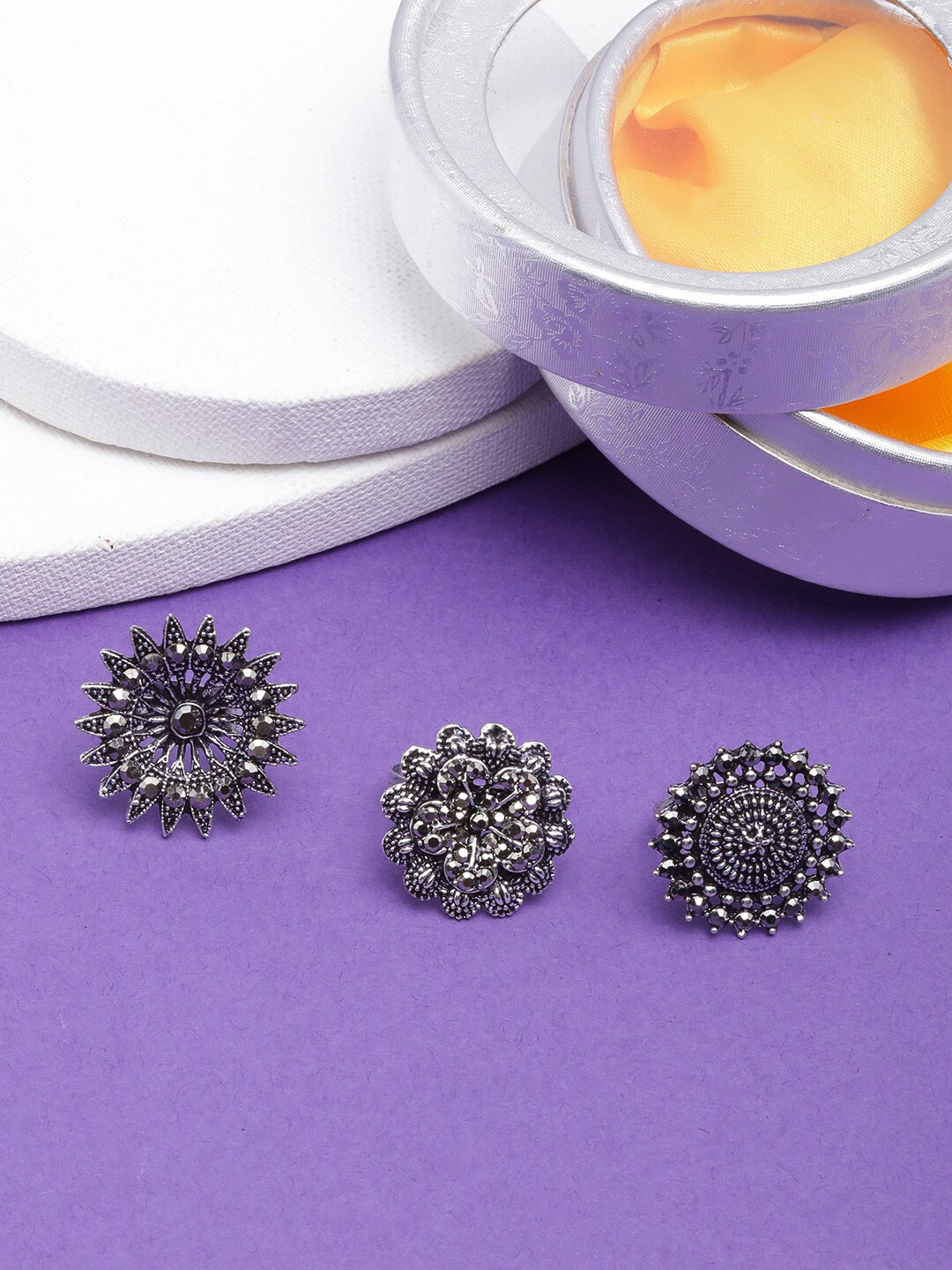 

DIVA WALK Set Of 3 Silver-Plated Stone Studded Adjustable Finger Ring