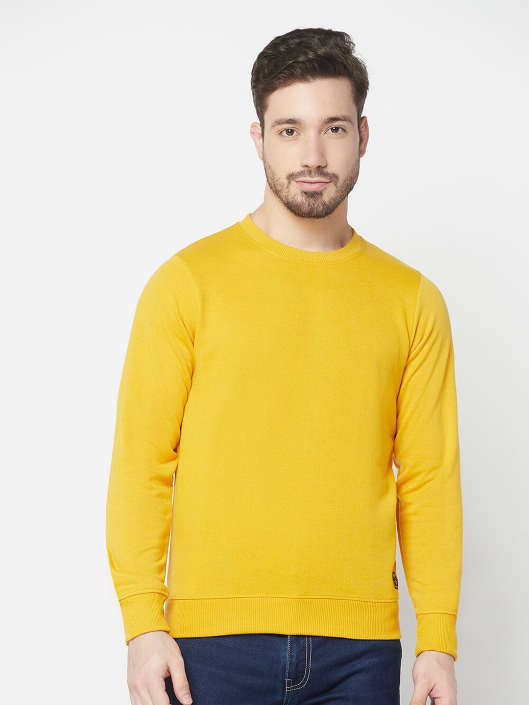 

ELEGANCE Men Solid Cotton Round Neck Sweatshirt, Mustard
