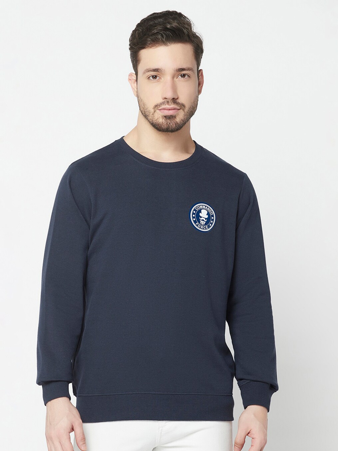 

ELEGANCE Men Solid Cotton Round Neck Sweatshirt, Navy blue