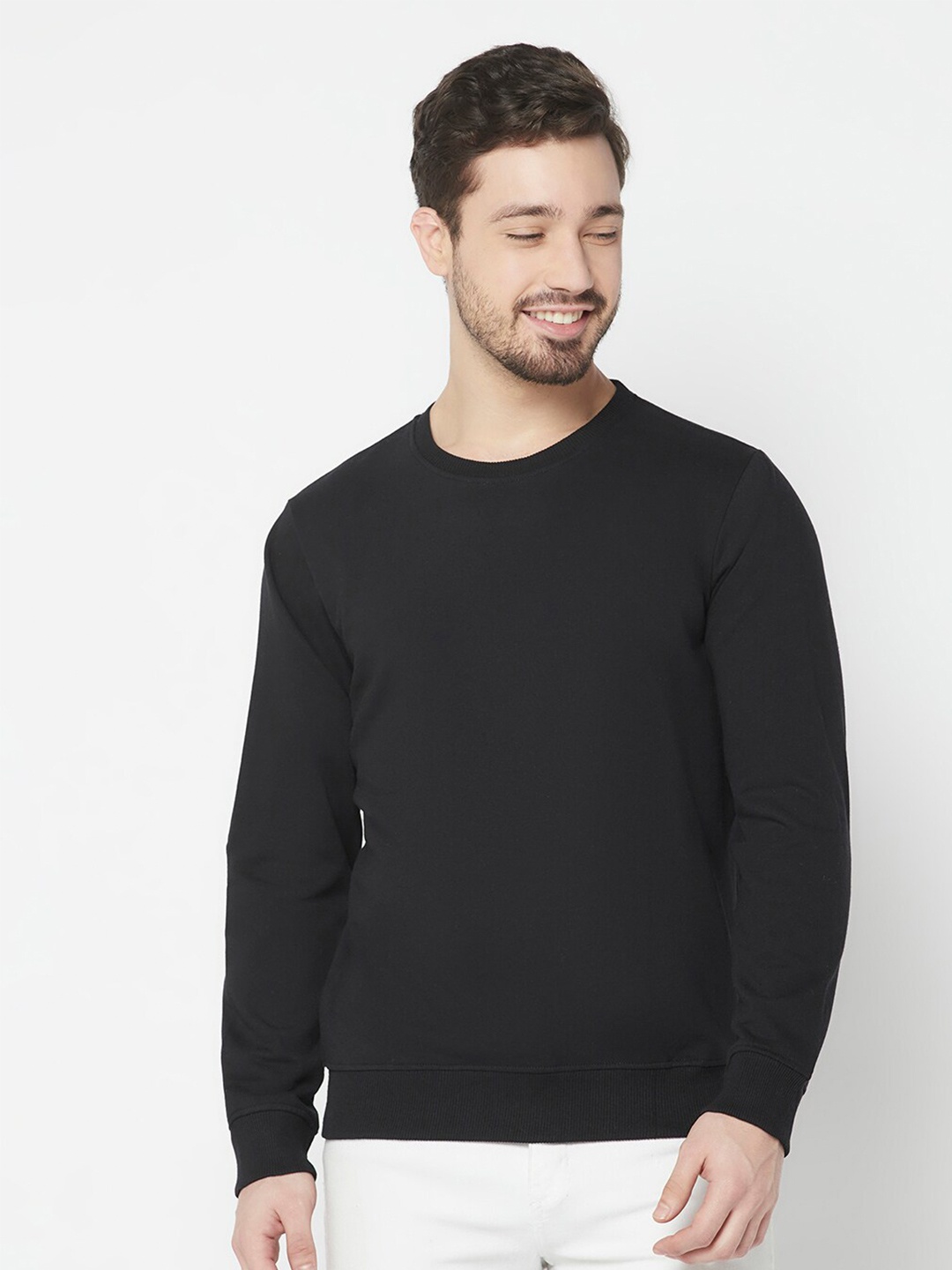 

ELEGANCE Men Solid Cotton Round Neck Sweatshirt, Black