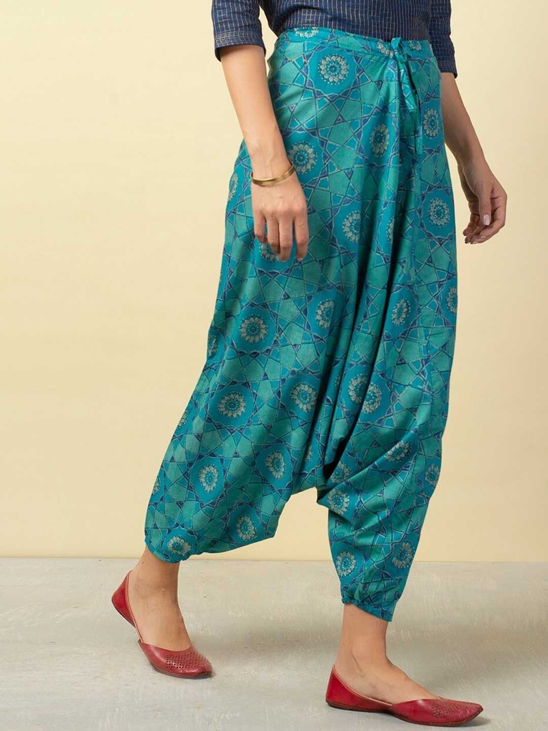 

Fabindia Women Printed Cotton Comfort-Fit Harem Pants, Teal