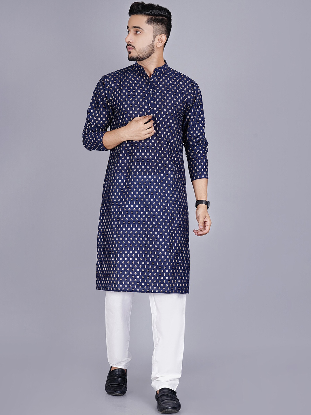 

ORTANGE Men Ethnic Motifs Printed Pure Cotton Kurta with Trouser, Blue