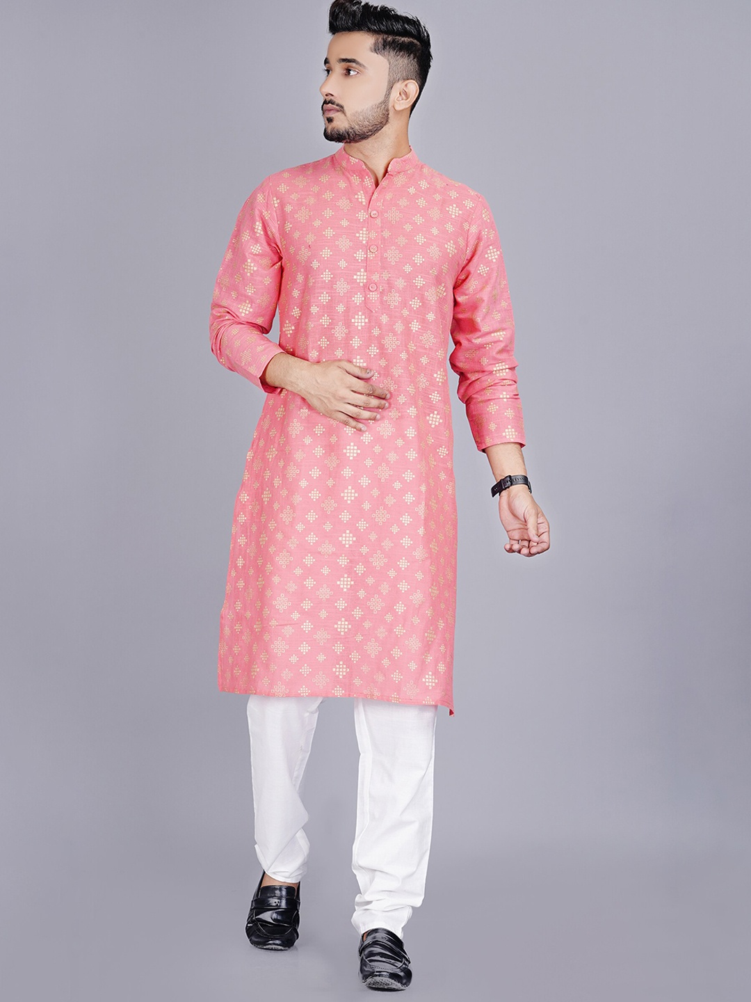 

ORTANGE Men Ethnic Motifs Printed Pure Cotton Kurta with Churidar, Pink